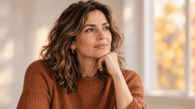 Mujer informándose y planificando una cirugía estética durante una consulta médica en otoño.